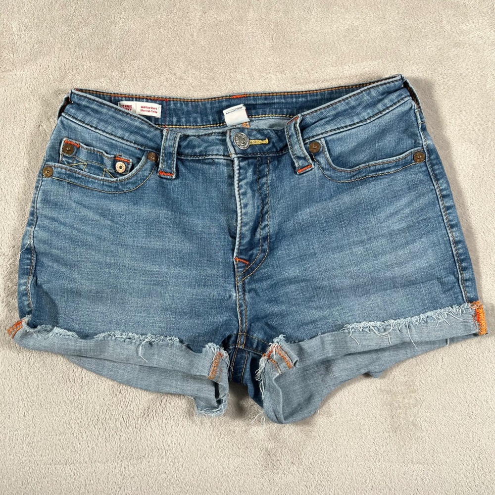 True Religion Jennie Curvy Mid Rise Denim Cut Off Shorts Medium Wash Women's 31